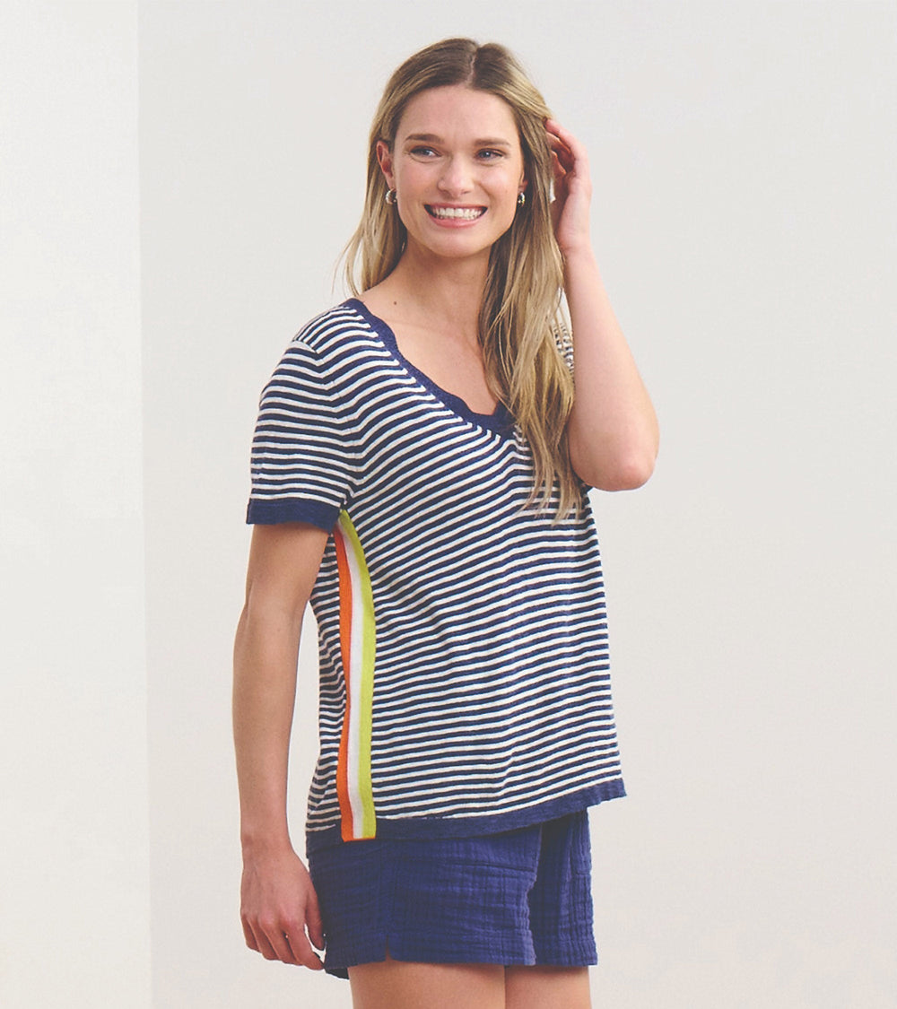 V-Neck Knit Tee - Patriot Blue Stripes | Hatley Discount Women