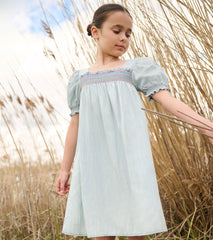 Girls Soft Blue Denim Puff Sleeve Smocked Dress | Hatley Girls