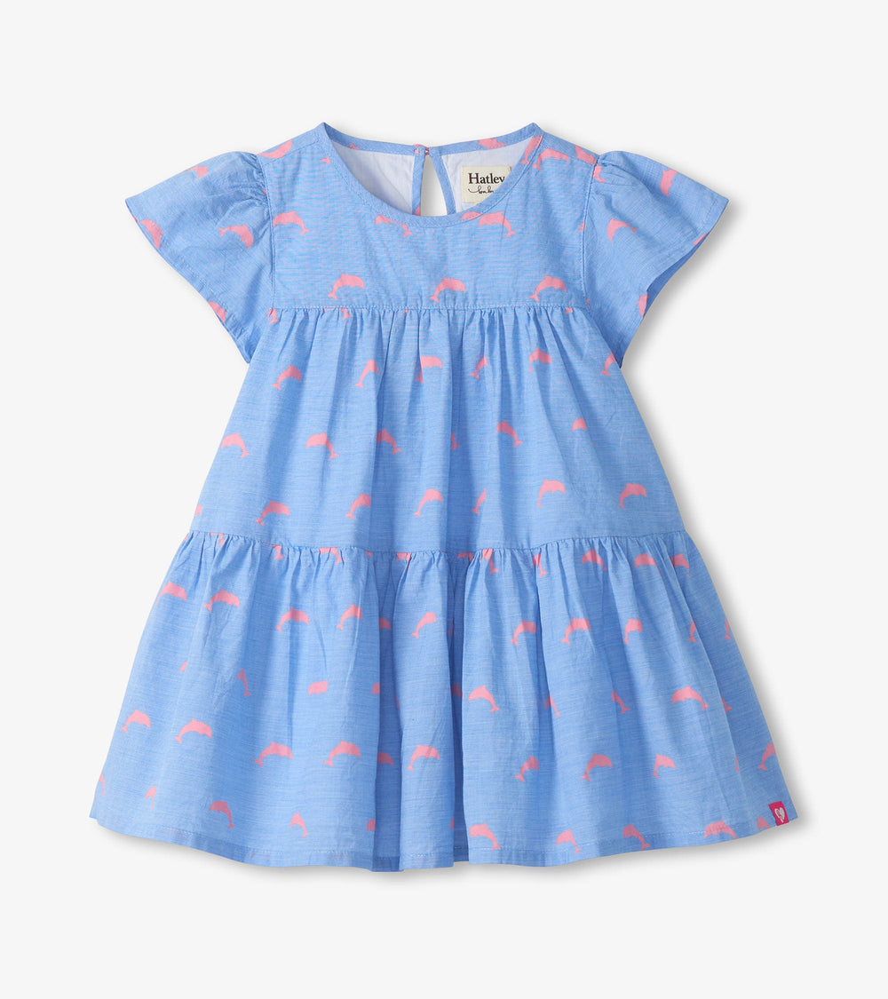Baby & Toddler Girls Little Pink Dolphins Oxford Woven Cake Puff Dress | Hatley Discount Baby & Toddler