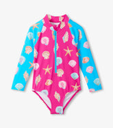 Girls Sea Shells Long Sleeve One-Piece Rashguard Swimsuit | Hatley Outlet Girls