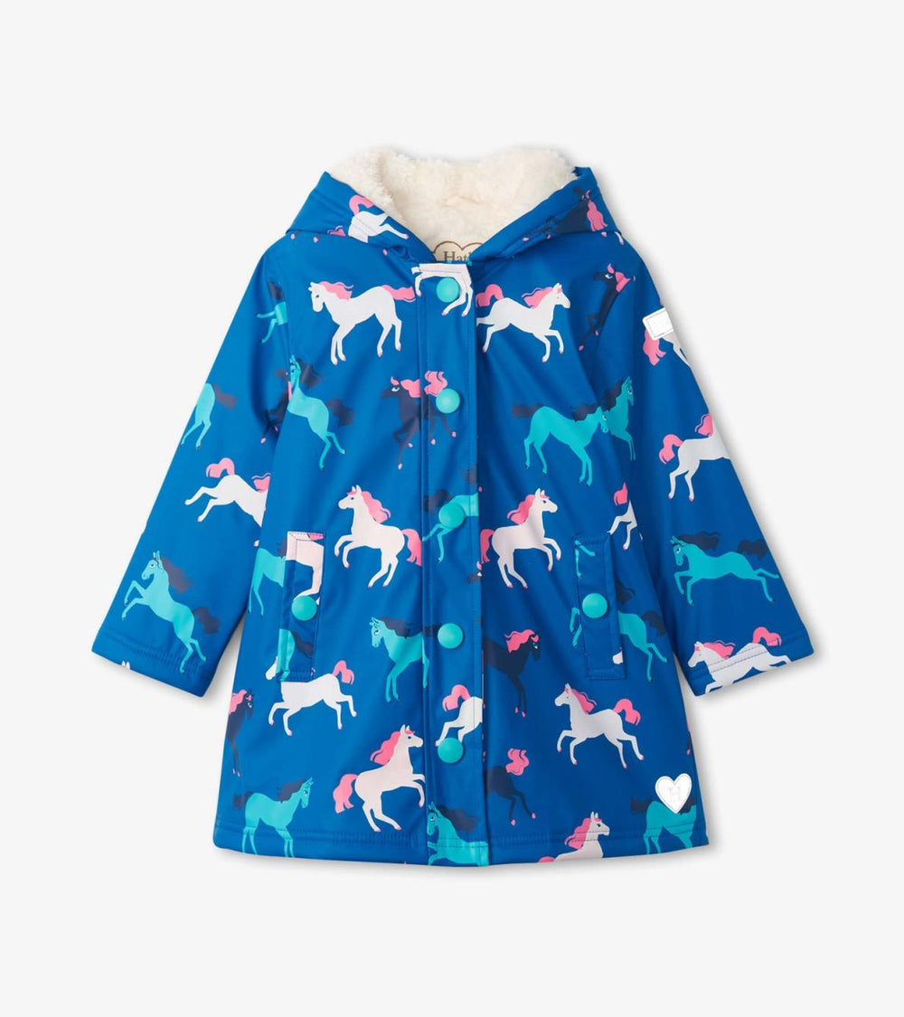 Hatley Rainwear | Girls Girls Prancing Horses Colour Changing Sherpa Lined Button-Up Rain Jack