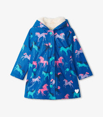 Hatley Rainwear | Girls Girls Prancing Horses Colour Changing Sherpa Lined Button-Up Rain Jack