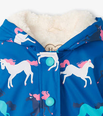 Hatley Rainwear | Girls Girls Prancing Horses Colour Changing Sherpa Lined Button-Up Rain Jack