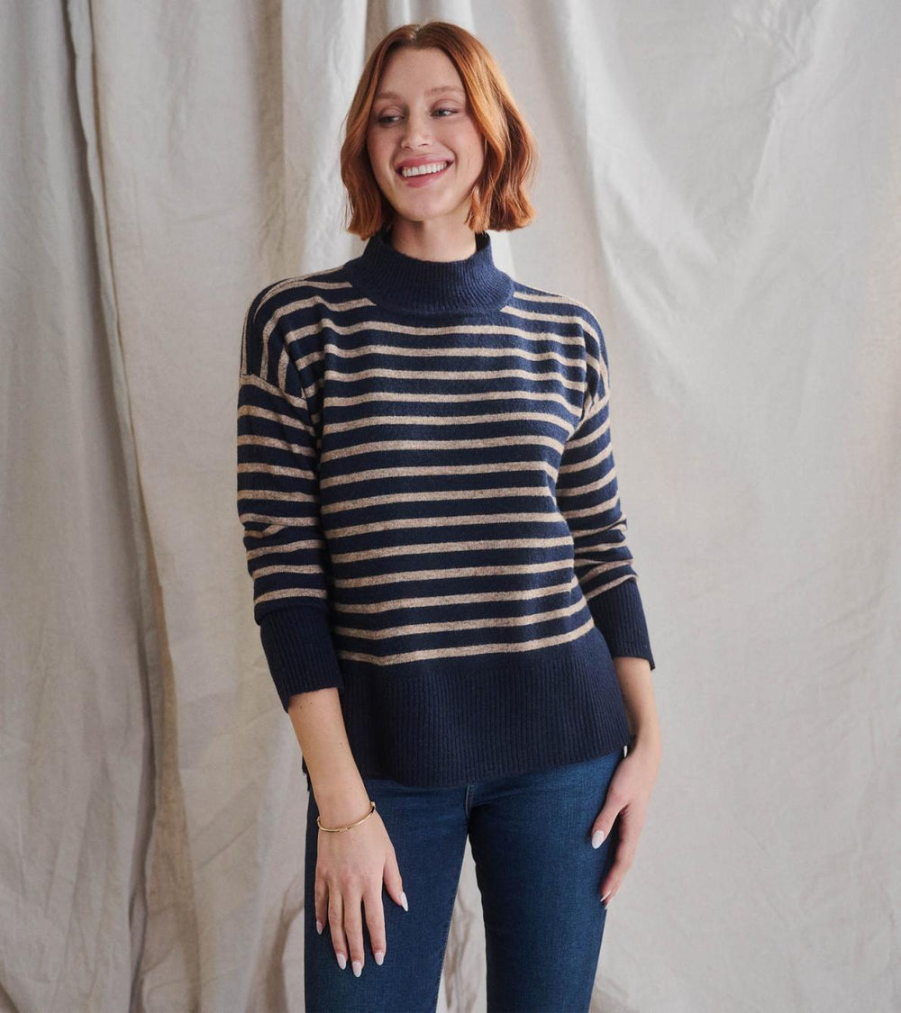Hatley Sweaters | Women Mock Neck Tunic - Navy Taupe Stripes