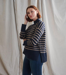 Hatley Sweaters | Women Mock Neck Tunic - Navy Taupe Stripes