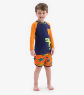 Hatley Swimwear | Boys Colourblock Dino Long Sleeve Pocket Rashguard