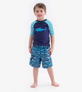 Hatley Swimwear | Boys Shark Stripes Short Sleeve Rashguard