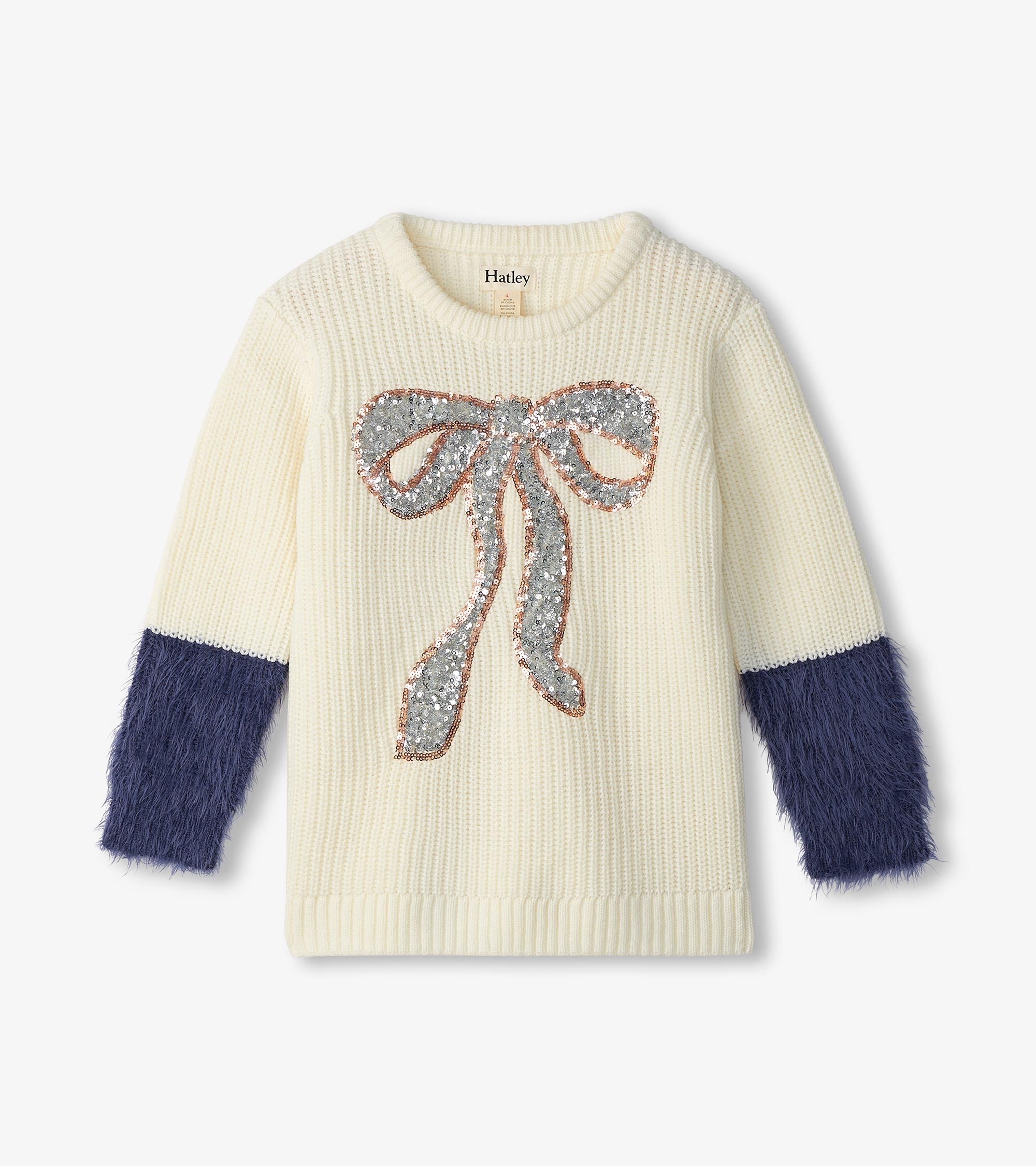 Girls Sequin Bow Fluffy Sleeve Sweater | Hatley Girls
