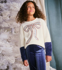 Girls Sequin Bow Fluffy Sleeve Sweater | Hatley Girls