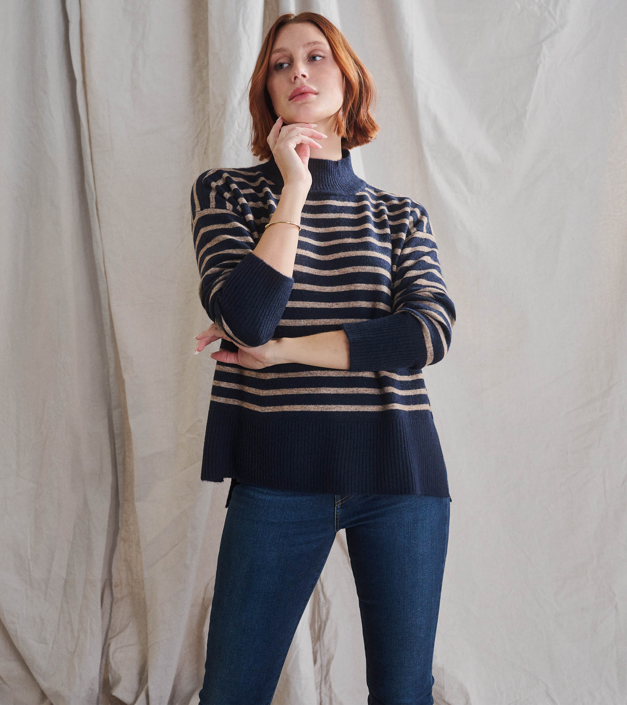 Mock Neck Tunic - Navy Taupe Stripes | Hatley For Women