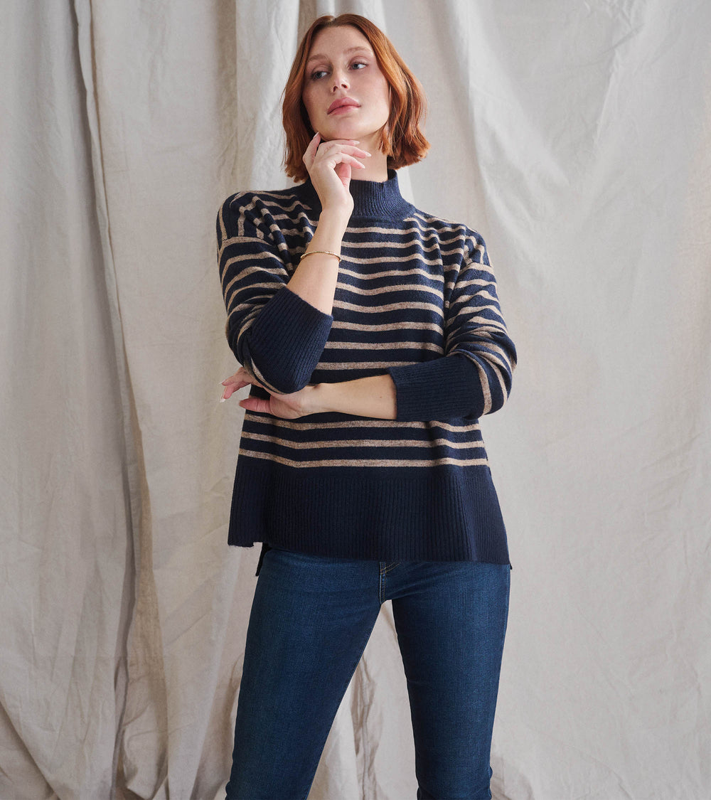 Mock Neck Tunic - Navy Taupe Stripes | Hatley For Women