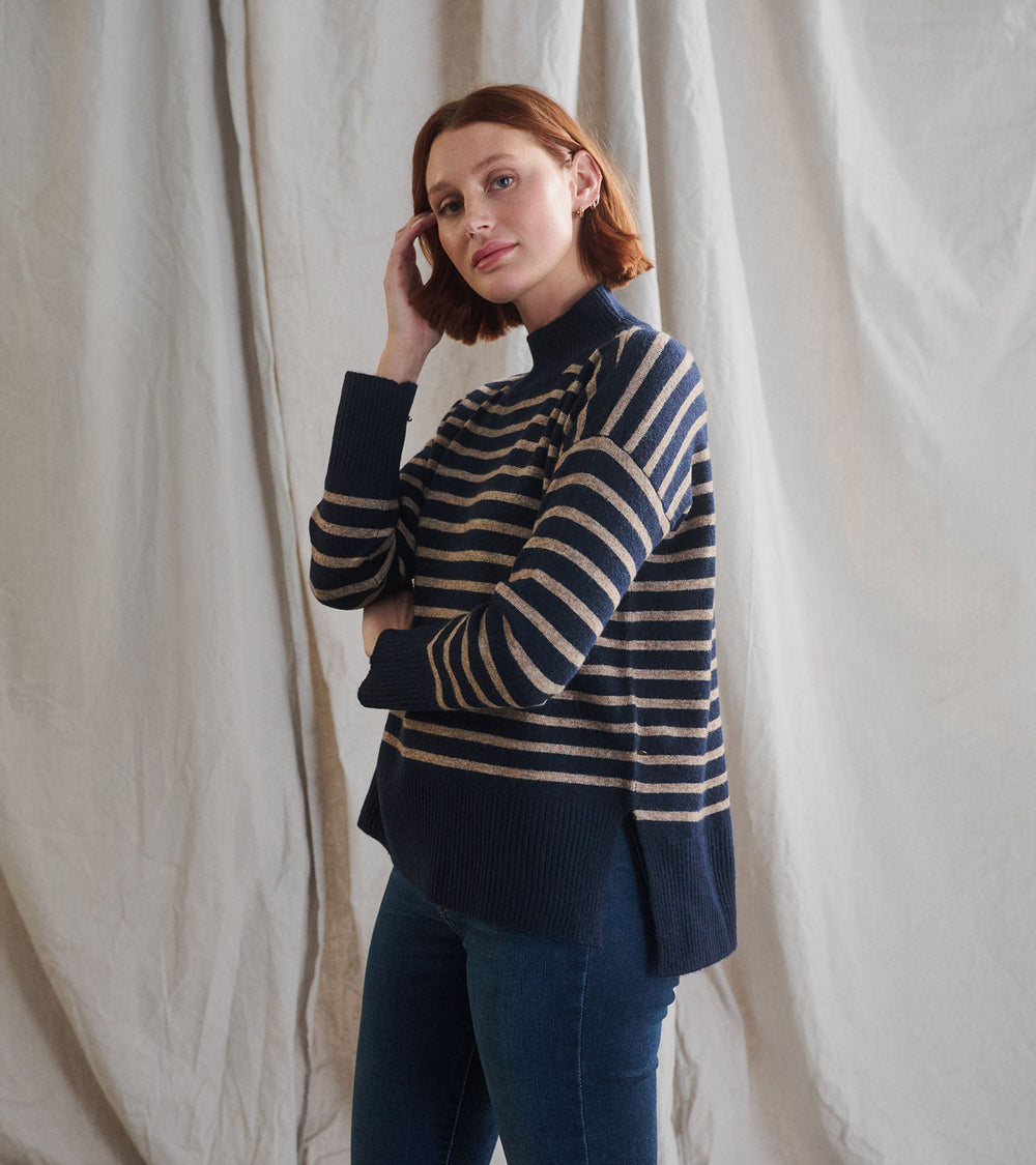 Mock Neck Tunic - Navy Taupe Stripes | Hatley For Women