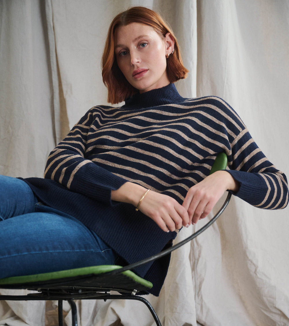 Mock Neck Tunic - Navy Taupe Stripes | Hatley For Women