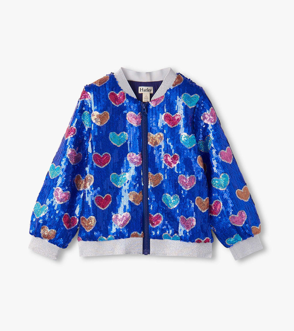 Girls Bursted Hearts Sequin Bomber Jacket | Hatley Girls