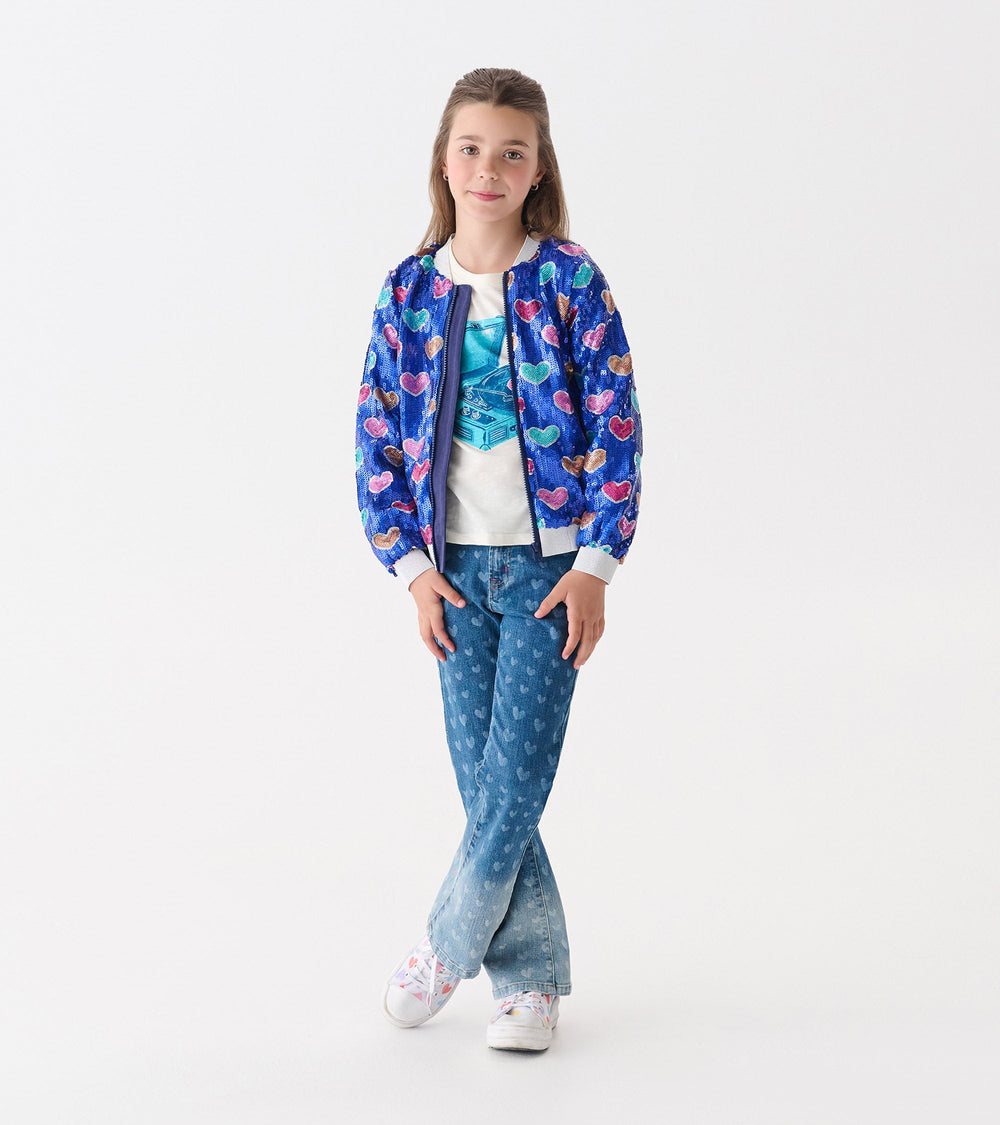 Girls Bursted Hearts Sequin Bomber Jacket | Hatley Girls