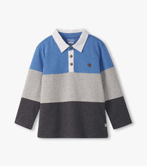 Boys Blue and Grey Color Block Long Sleeve Polo Shirt | Hatley Discount Boys