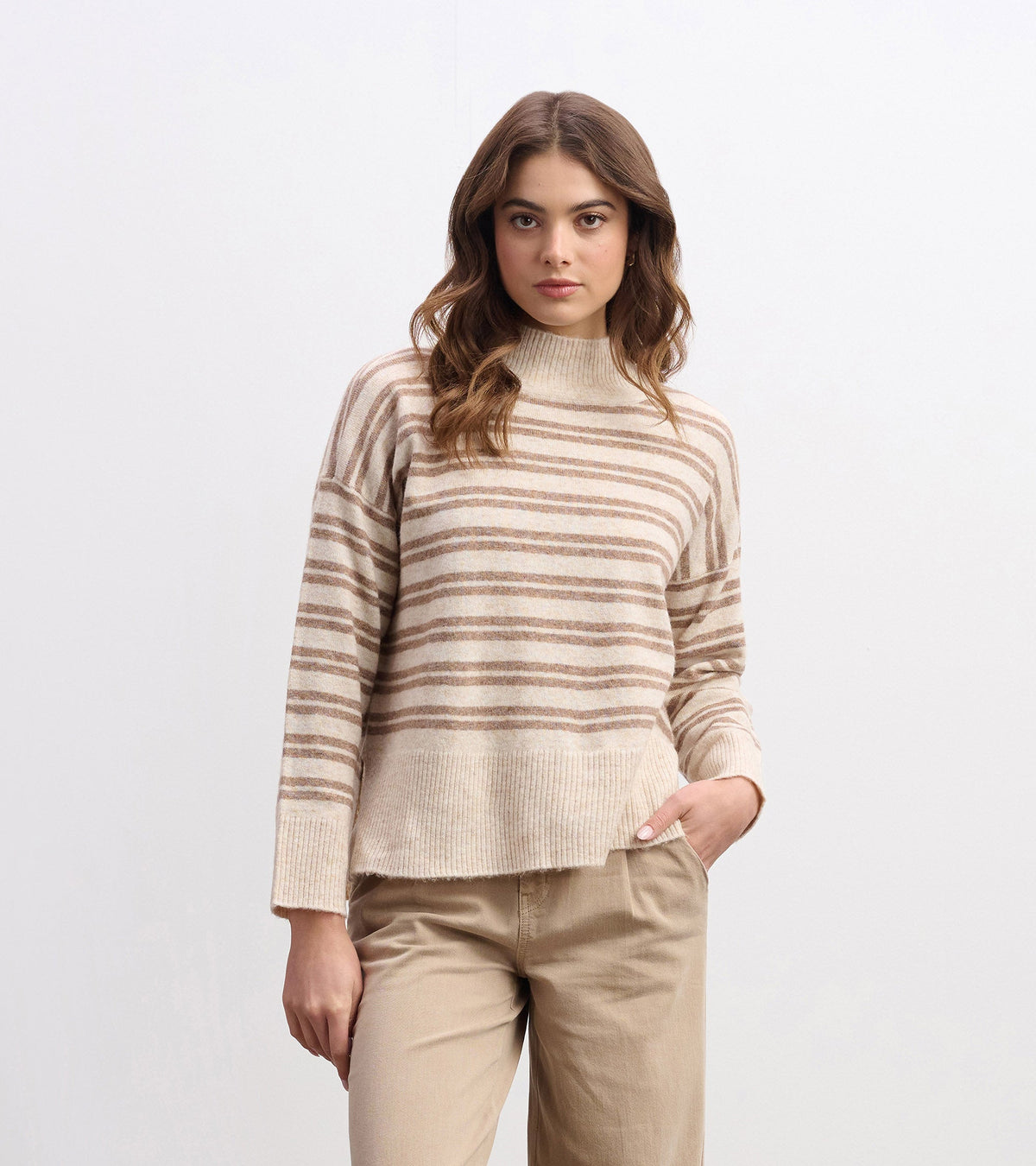 Mock Neck Sweater - Double Stripe Camel | Hatley US Women