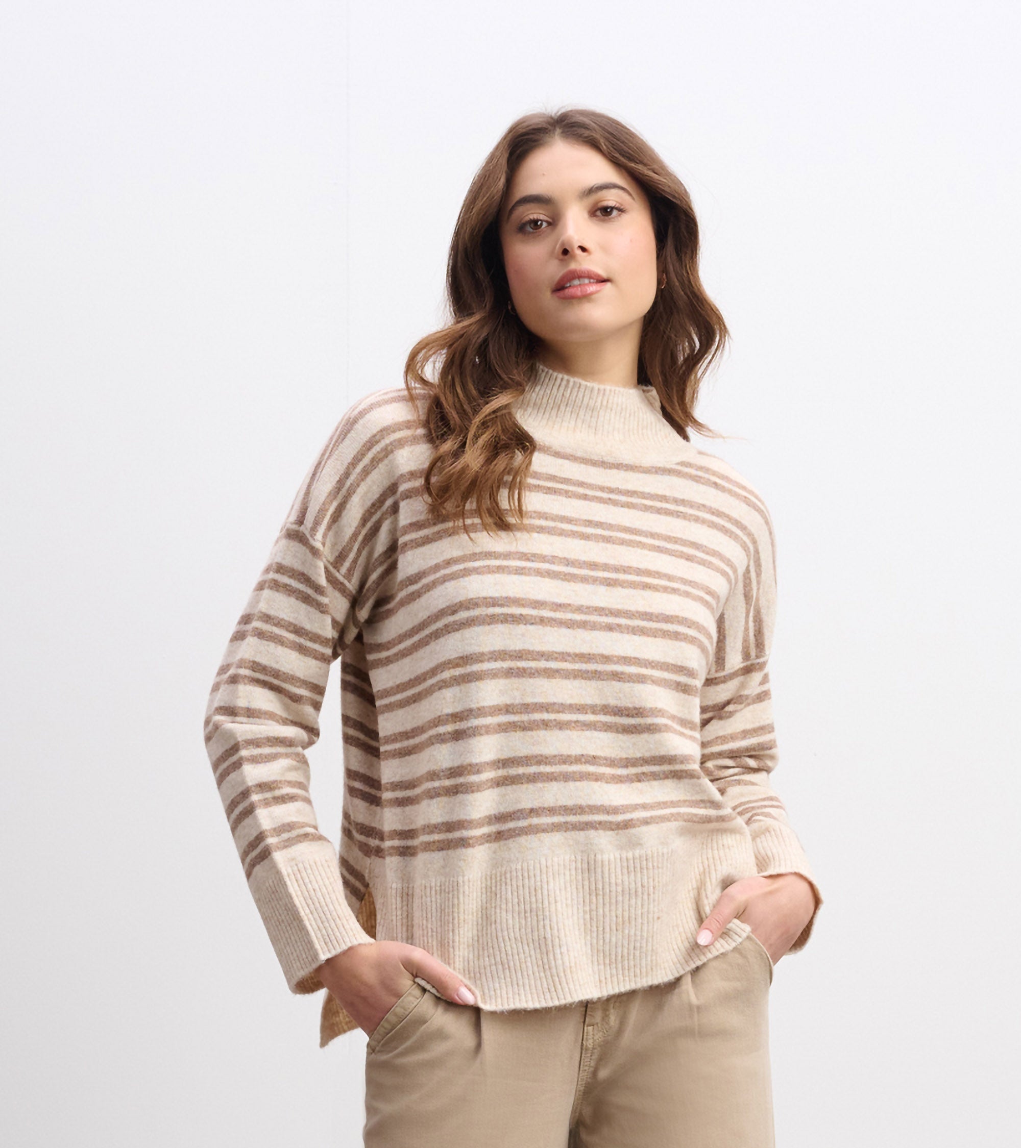 Mock Neck Sweater - Double Stripe Camel | Hatley US Women