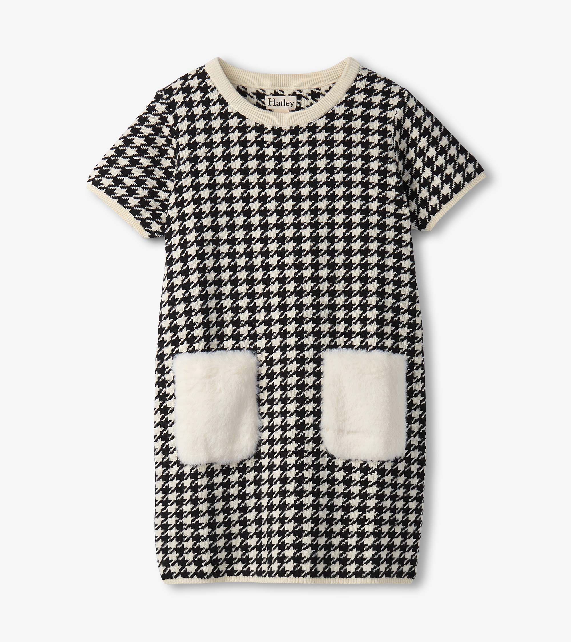 Girls Houndstooth Sweater Dress with Faux Fur Pockets | Hatley Outlet Girls