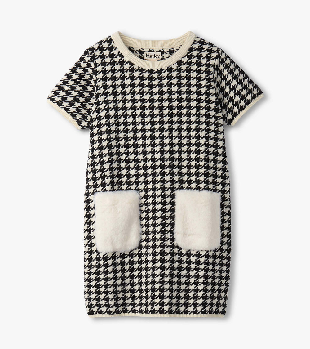 Girls Houndstooth Sweater Dress with Faux Fur Pockets | Hatley Outlet Girls