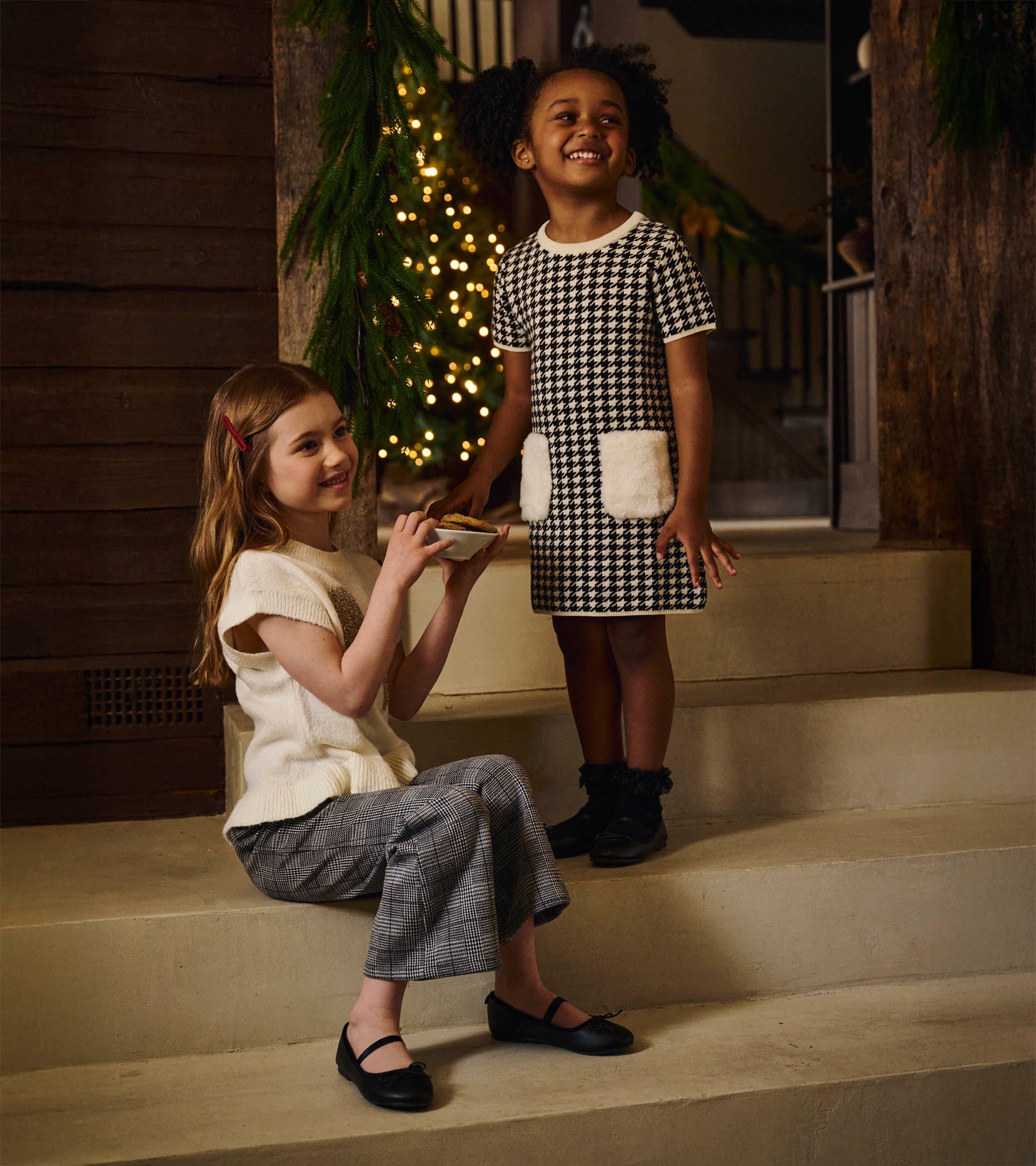 Girls Houndstooth Sweater Dress with Faux Fur Pockets | Hatley Outlet Girls
