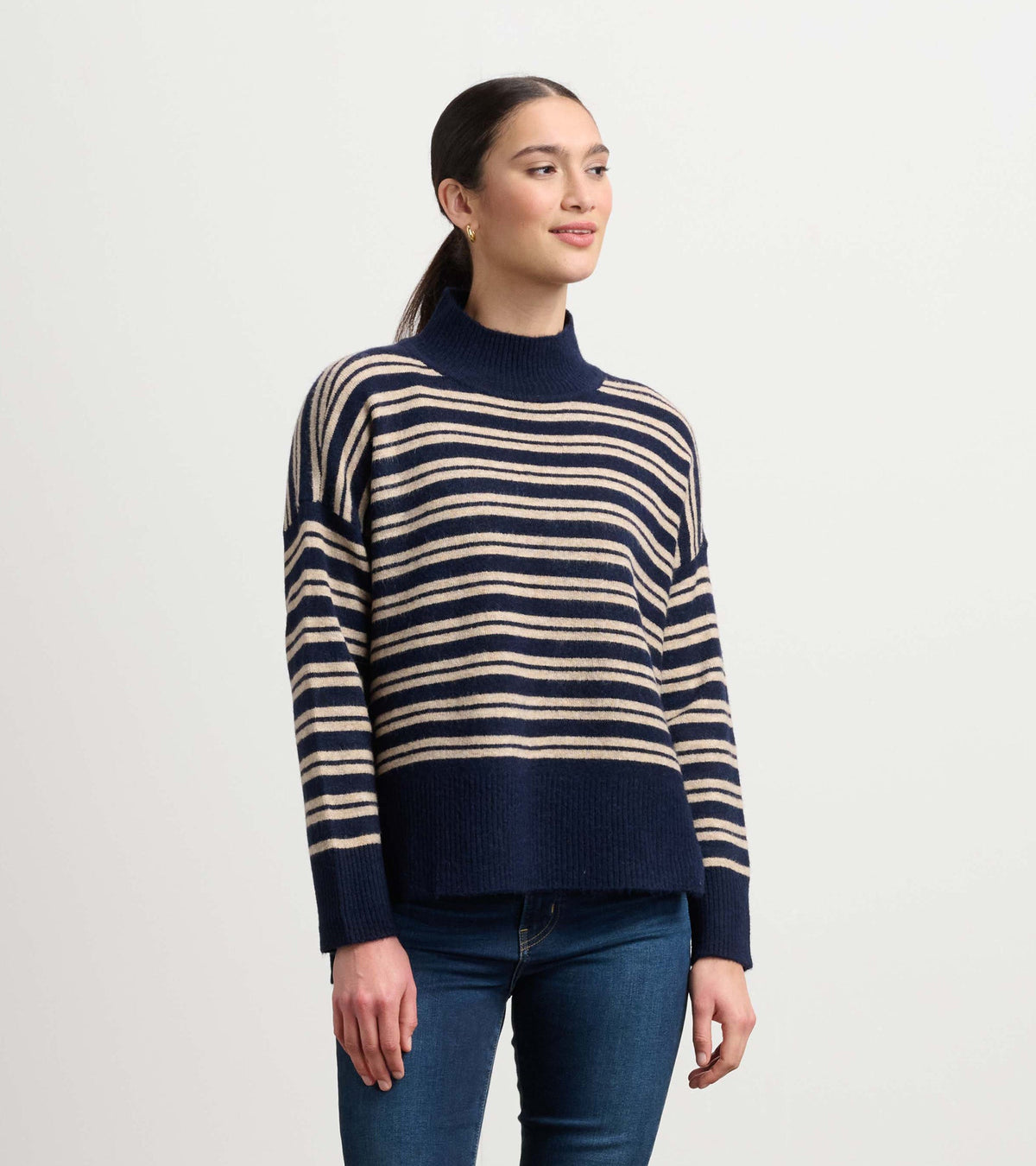Mock Neck Sweater - Navy and Camel Stripe | Hatley Outlet Women