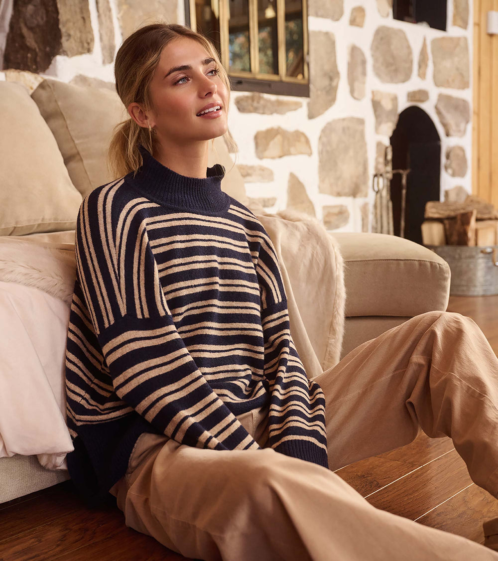 Mock Neck Sweater - Navy and Camel Stripe | Hatley Outlet Women