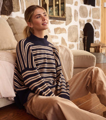 Mock Neck Sweater - Navy and Camel Stripe | Hatley Outlet Women