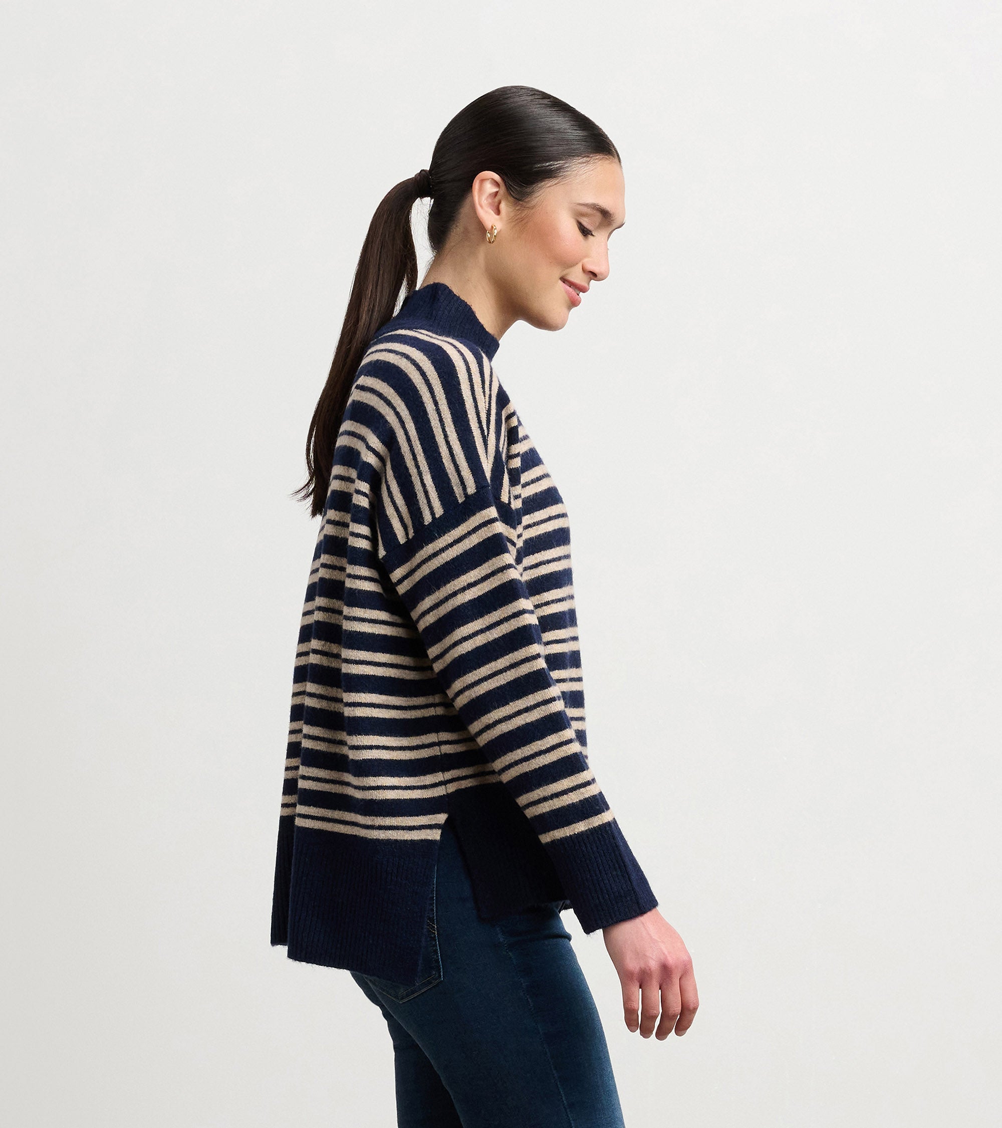 Mock Neck Sweater - Navy and Camel Stripe | Hatley Outlet Women