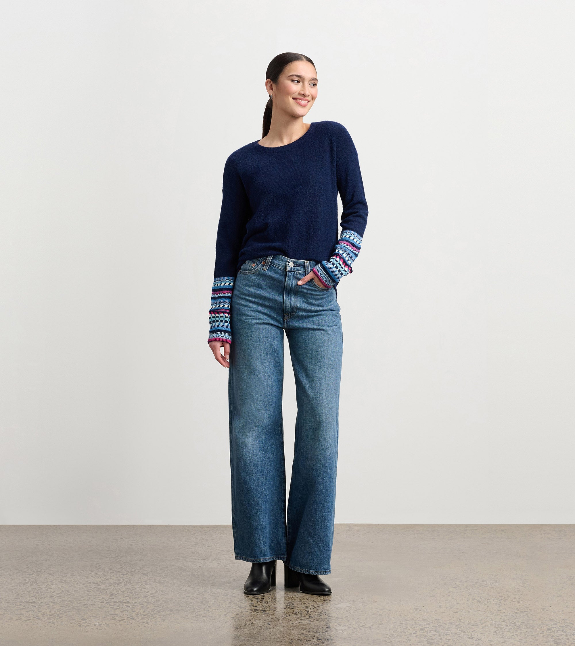 Jacquard Cuff Sweater - Navy | Hatley For Women