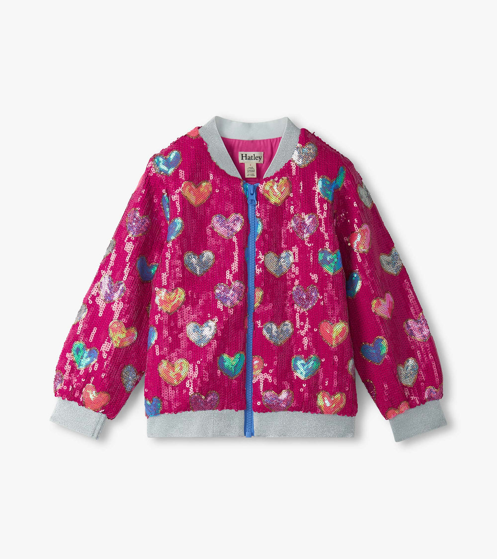 Girls Pink Busted Hearts Sequin Bomber Jacket | Hatley US Girls