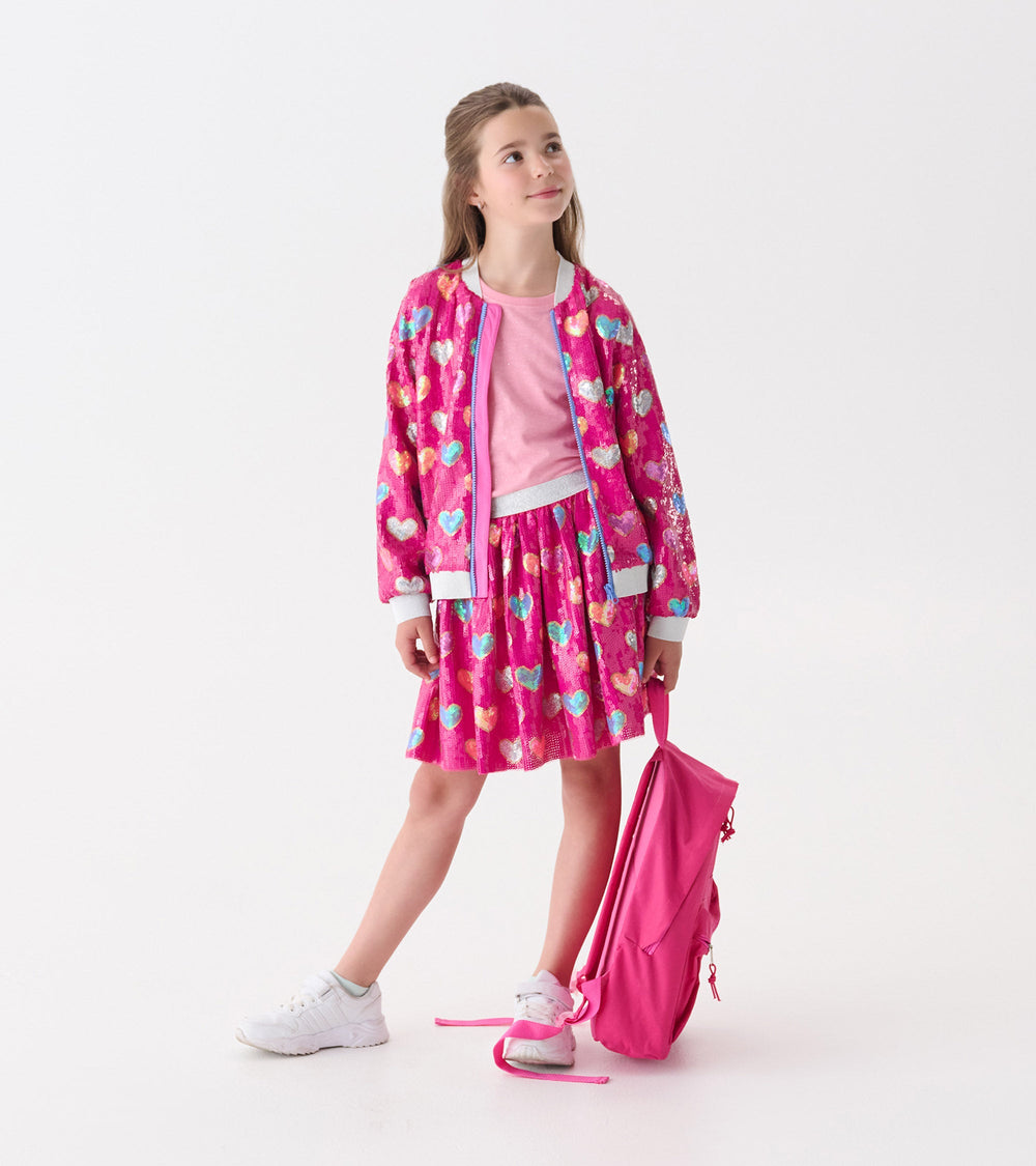 Girls Pink Busted Hearts Sequin Bomber Jacket | Hatley US Girls