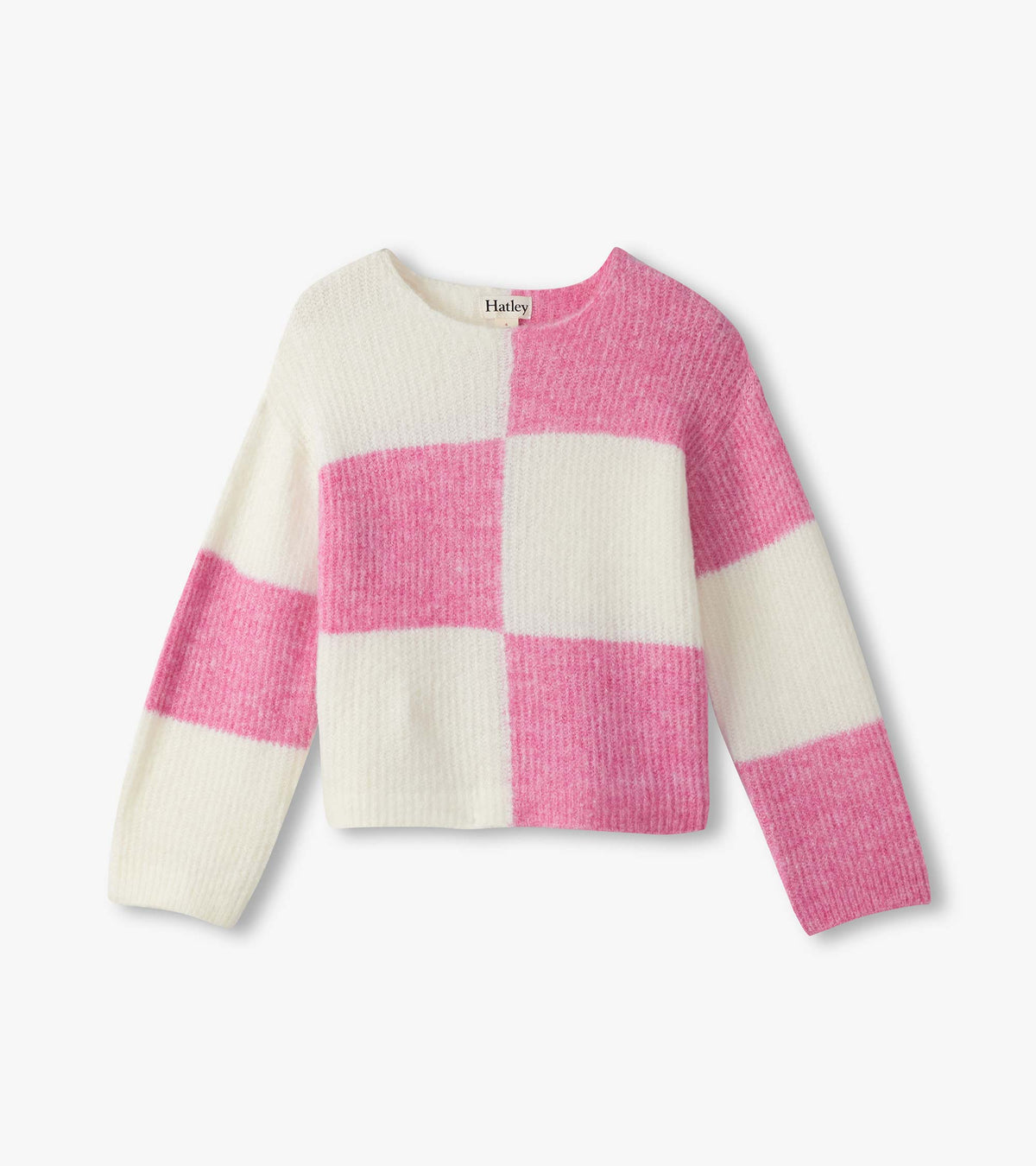 Girls Sea Pink Check Drop Shoulder Sweater | Hatley Sale Girls
