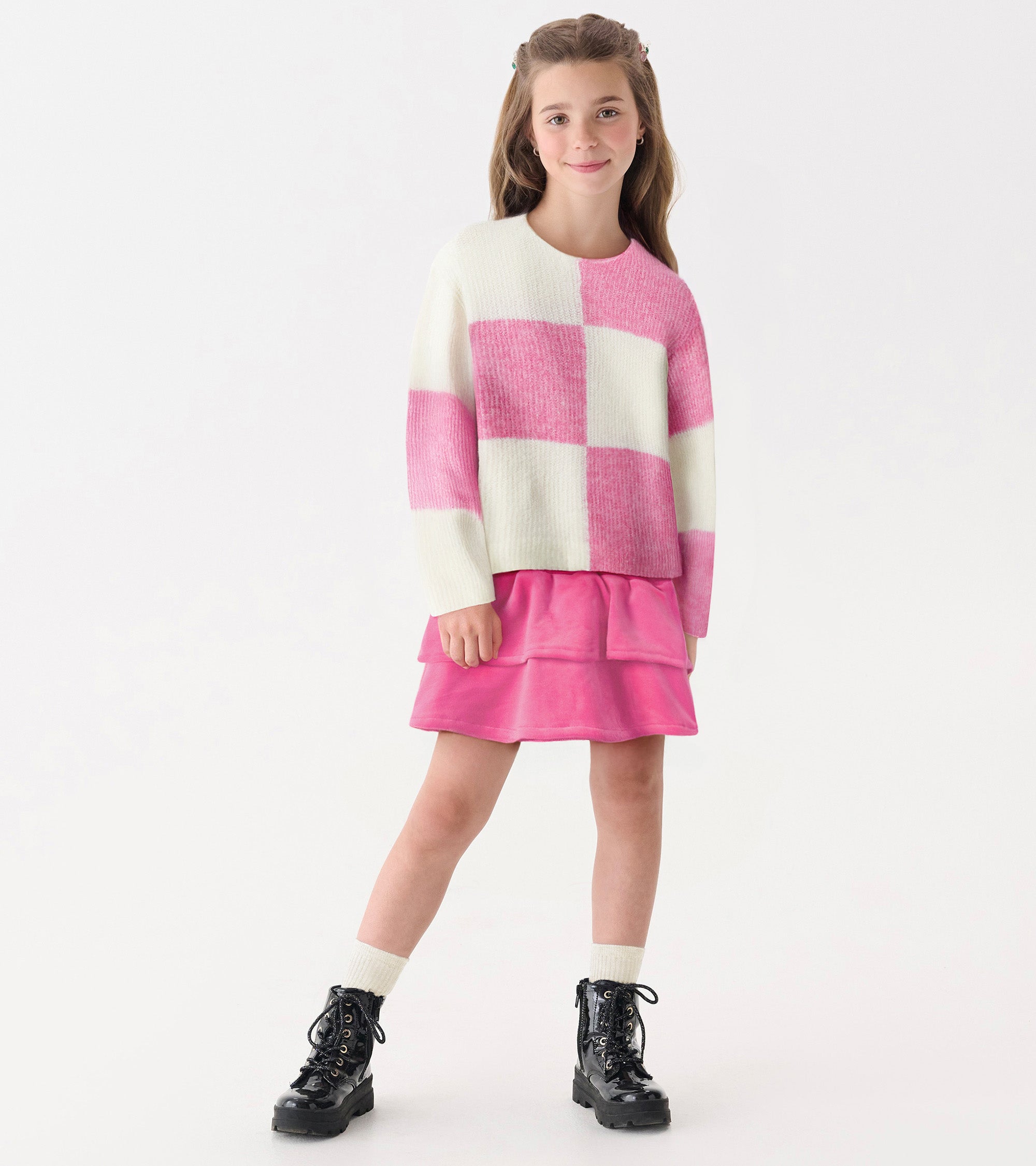 Girls Sea Pink Check Drop Shoulder Sweater | Hatley Sale Girls