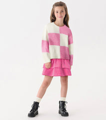 Girls Sea Pink Check Drop Shoulder Sweater | Hatley Sale Girls