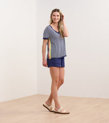 V-Neck Knit Tee - Patriot Blue Stripes | Hatley Discount Women