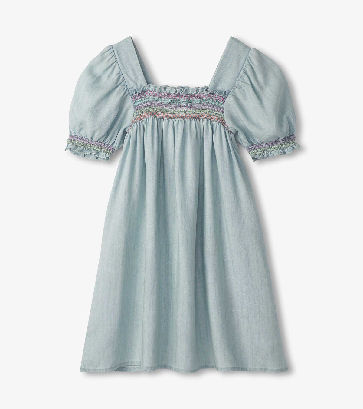 Girls Soft Blue Denim Puff Sleeve Smocked Dress | Hatley Girls