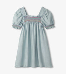 Girls Soft Blue Denim Puff Sleeve Smocked Dress | Hatley Girls