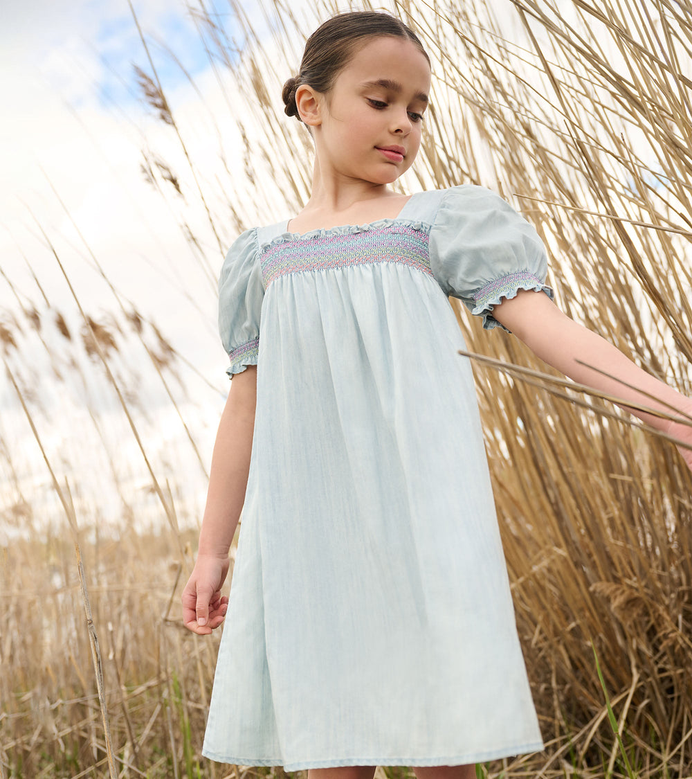 Girls Soft Blue Denim Puff Sleeve Smocked Dress | Hatley Girls
