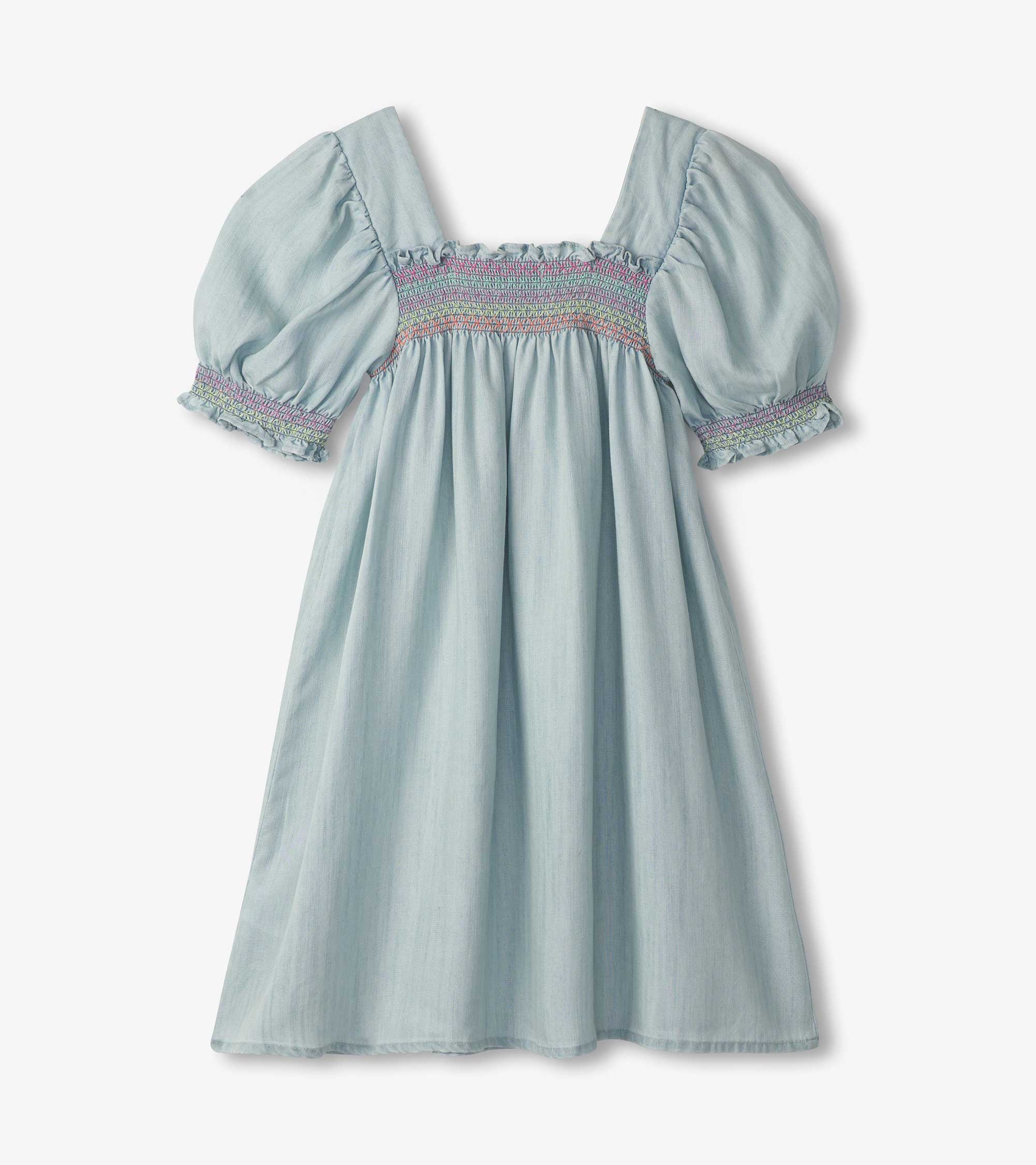 Girls Soft Blue Denim Puff Sleeve Smocked Dress | Hatley Girls