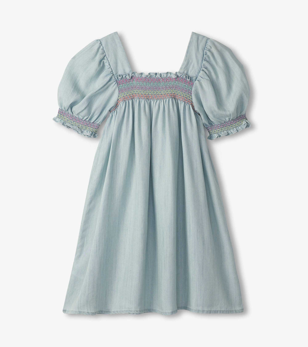 Girls Soft Blue Denim Puff Sleeve Smocked Dress | Hatley Girls