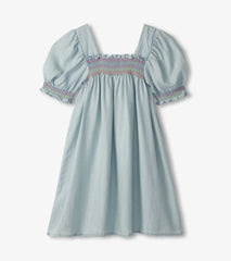 Girls Soft Blue Denim Puff Sleeve Smocked Dress | Hatley Girls
