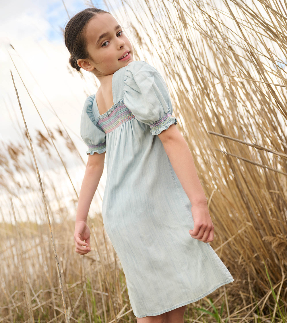 Girls Soft Blue Denim Puff Sleeve Smocked Dress | Hatley Girls