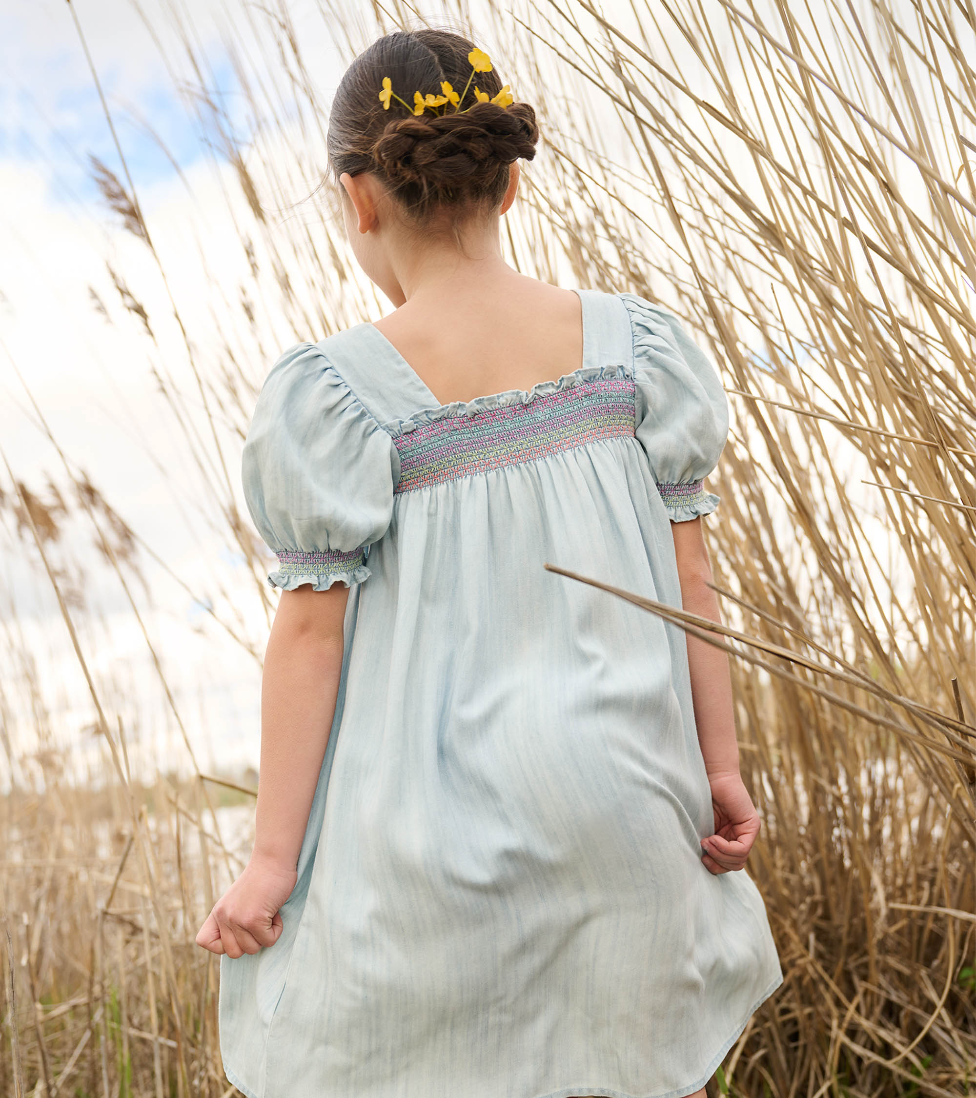 Girls Soft Blue Denim Puff Sleeve Smocked Dress | Hatley Girls