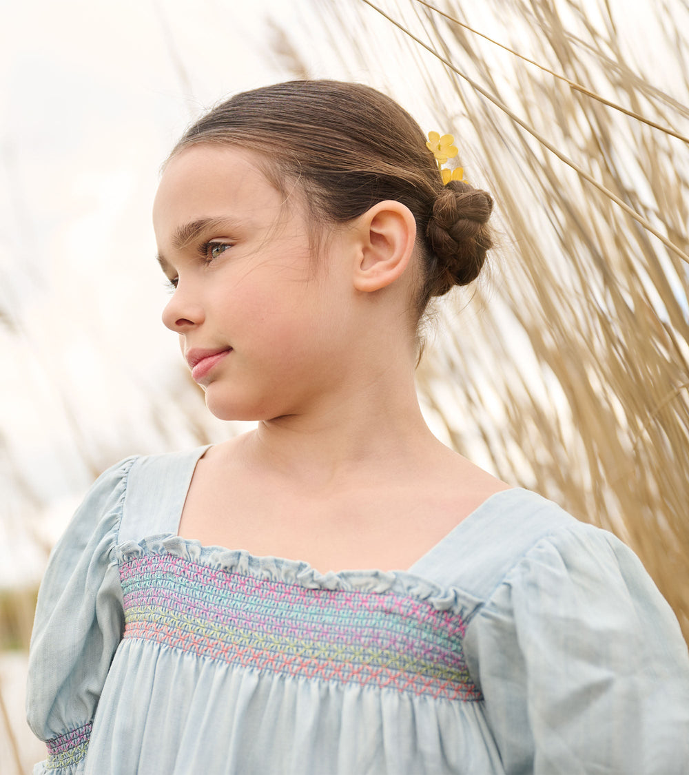 Girls Soft Blue Denim Puff Sleeve Smocked Dress | Hatley Girls