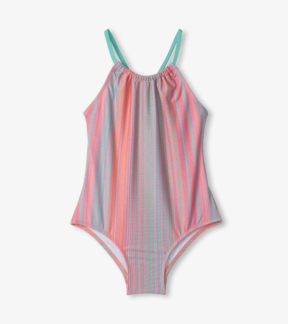 Girls Shimmer Stripe Gather Front Swimsuit | Hatley Outlet Girls