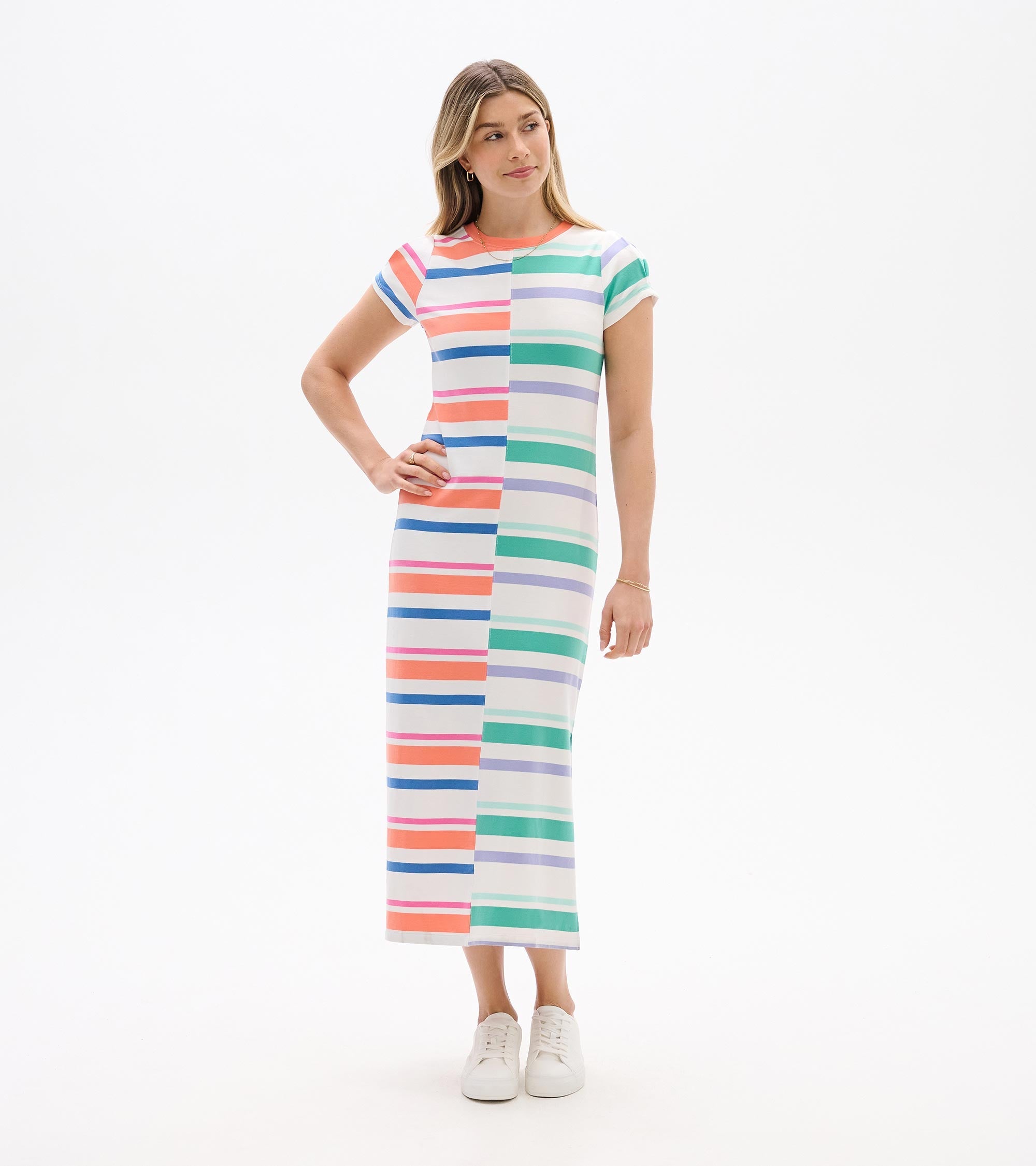 Pleated Sleeve Midi Dress - Offset Stripes | Hatley US Women