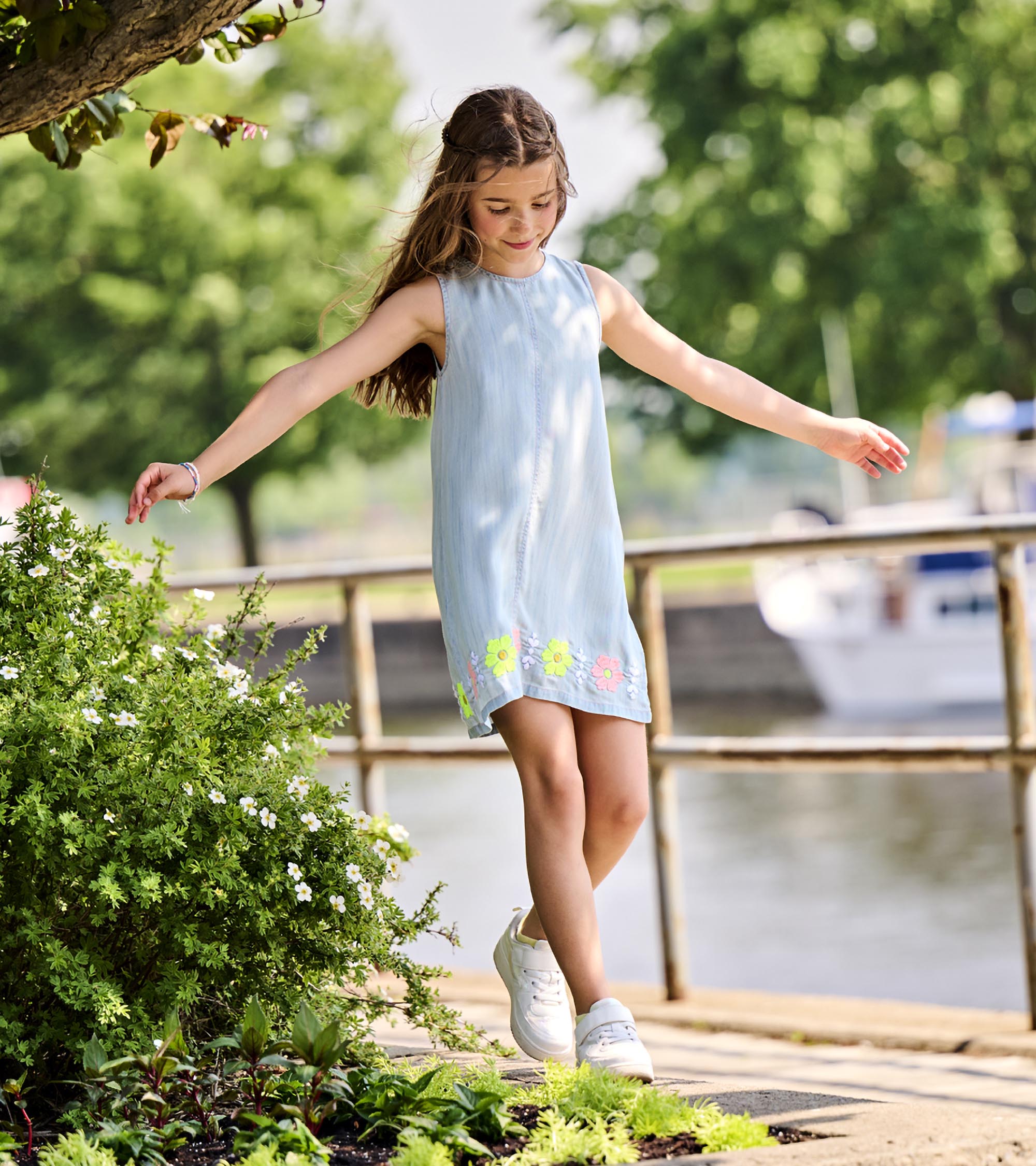 Girls Soft Blue Tencel Embroidered Pinafore Dress | Hatley Discount Girls