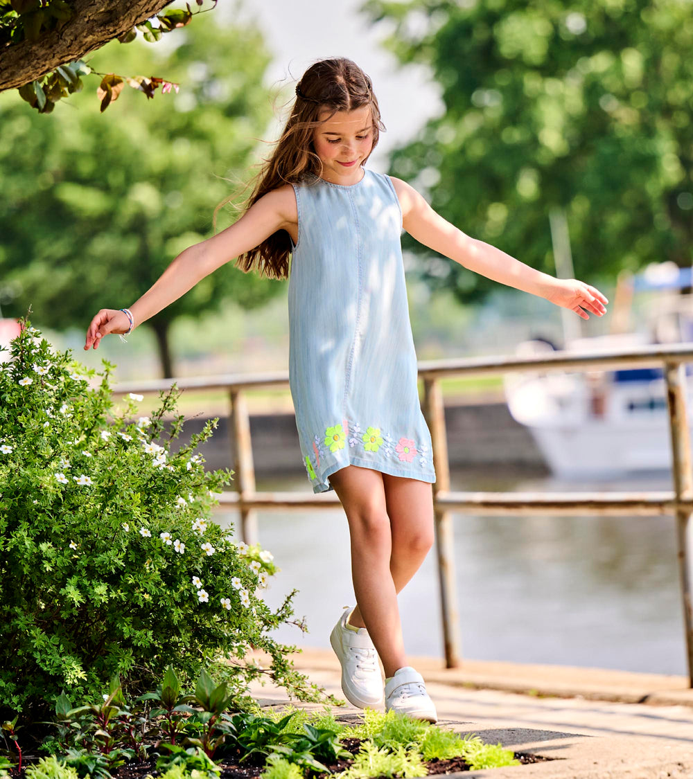 Girls Soft Blue Tencel Embroidered Pinafore Dress | Hatley Discount Girls