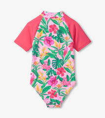 Girls Tropical Flowers Short Sleeve One-Piece Rashguard Swimsuit | Hatley Girls